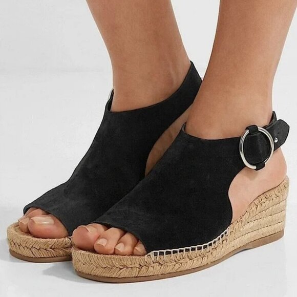 Rag & Bone Calla Black Suede Leather Espadrille Wedge Slingback Open Toe Sandals - Picture 1 of 15